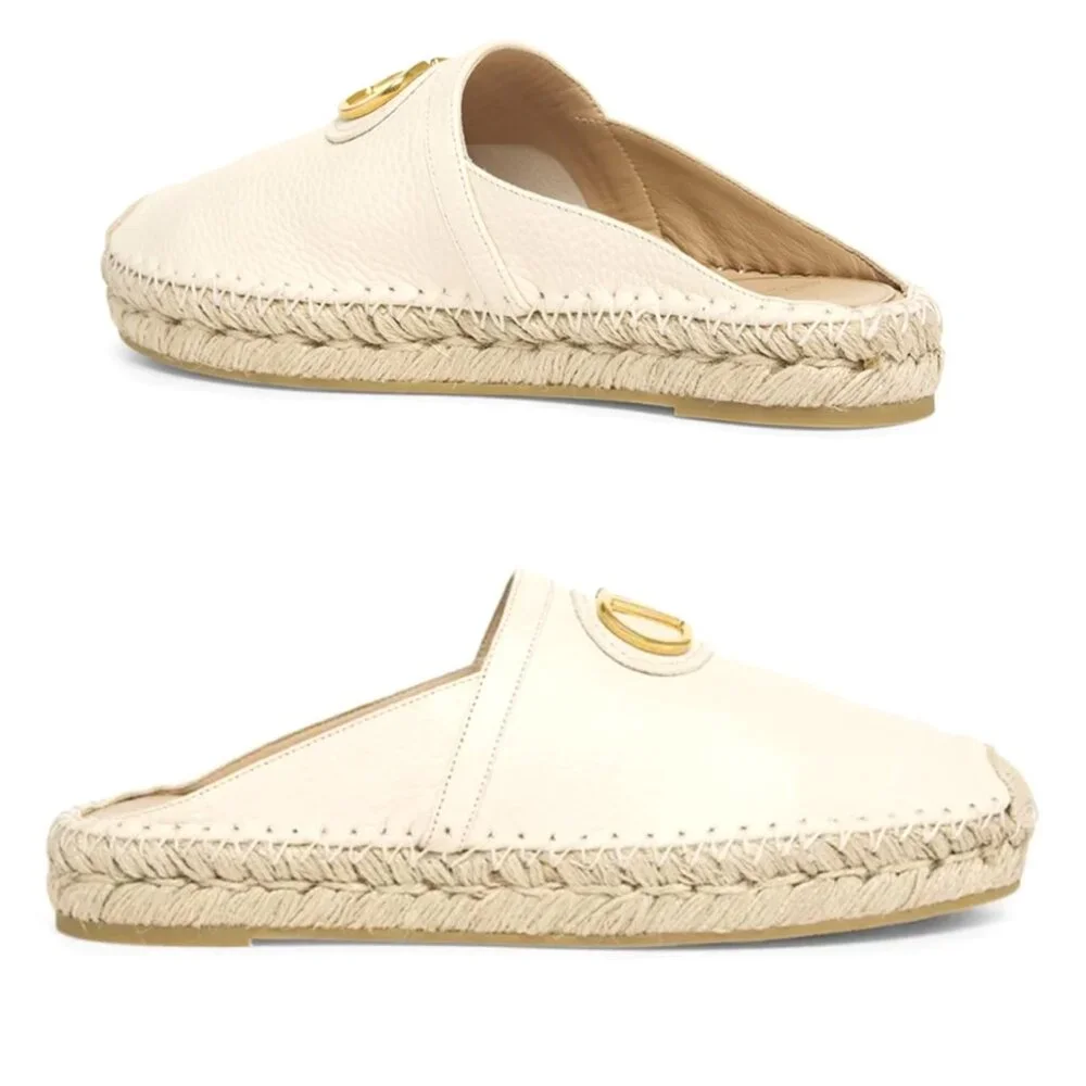 Valentino Garavani V Logo Leather Medallion Espadrille Mules Size 39